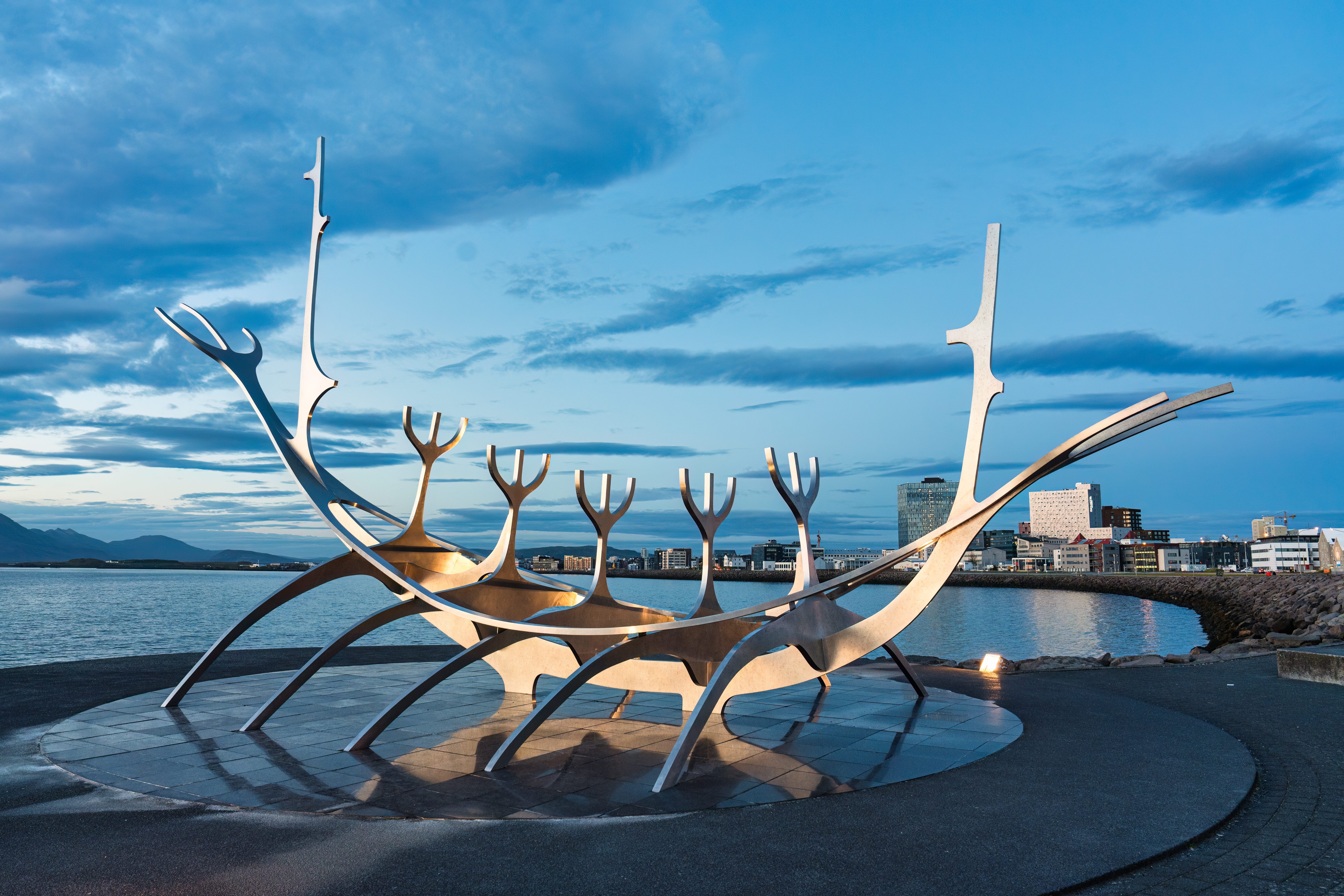 Sculpture of a whale skeleton on the REykjavik waterfront in Iceland